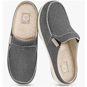 Gecko Man Slipper MulesArch Support Mens 11 Charcoal Gray Canvas Faux Fur Lining